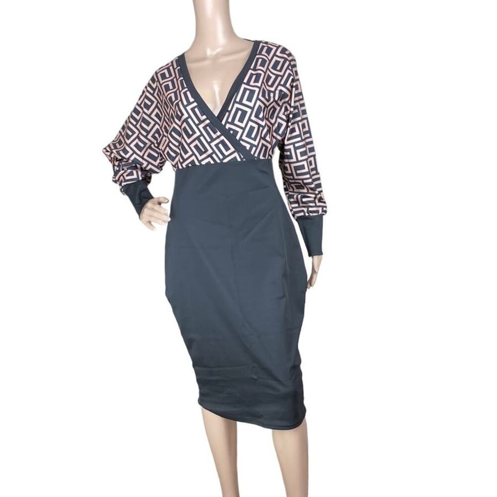 New Chic Me Pink Black Geometric V-Neck Dolman Sleeve Sheath Bodycon Dress L